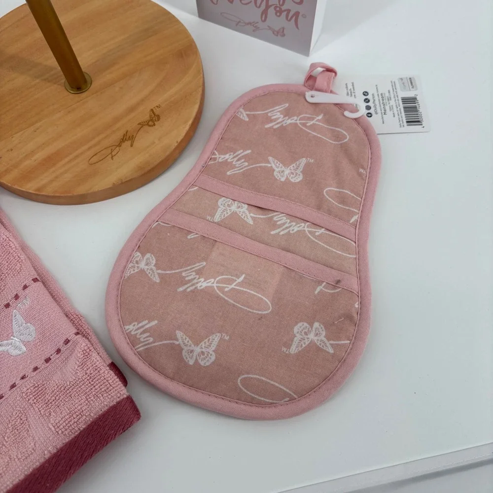 Dolly Parton Kitchen Country Farmhouse Decor Set 5pc Pink Gold Butterfly NWT New